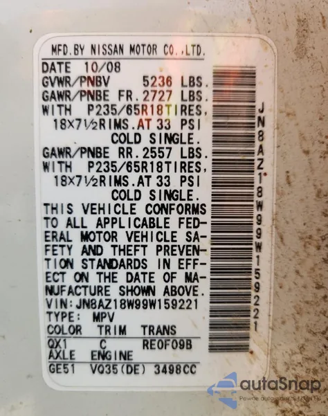 2009 Nissan Murano S z USA, uszkodzony, nr VIN JN8AZ18W99W159221